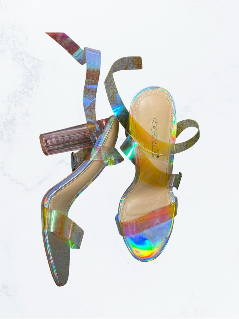 Shoe Dazzle Holographic Iridescent Strap Heels